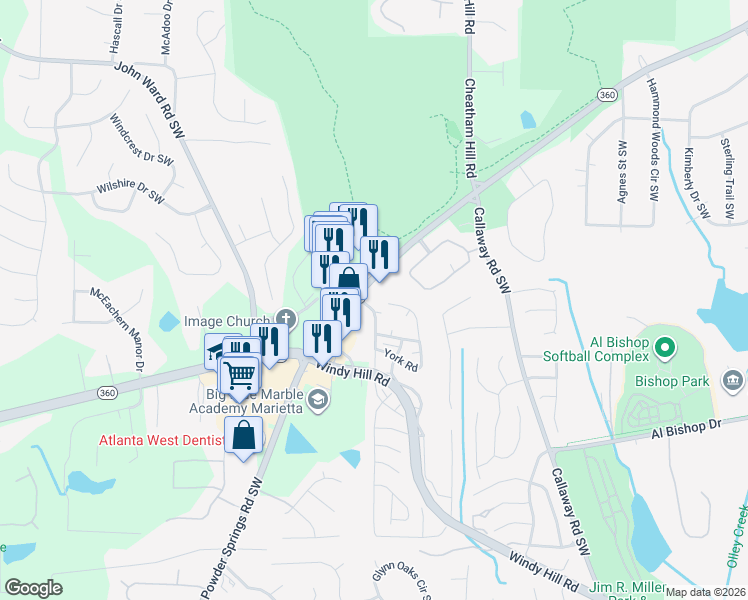 map of restaurants, bars, coffee shops, grocery stores, and more near 1651 Powder Springs Road Southwest in Marietta