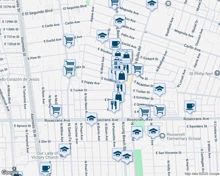 map of restaurants, bars, coffee shops, grocery stores, and more near 1211 East Tucker Street in Compton