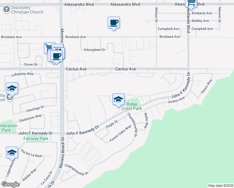 map of restaurants, bars, coffee shops, grocery stores, and more near 28360 Grandview Drive in Moreno Valley