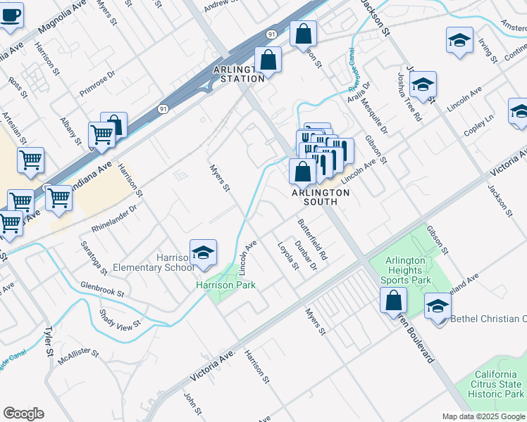 map of restaurants, bars, coffee shops, grocery stores, and more near 2969 Crestwood Place in Riverside