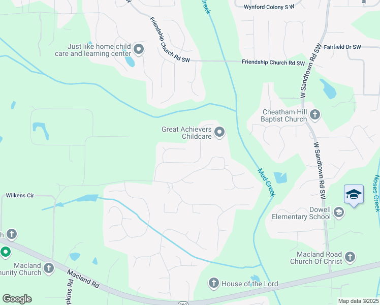 map of restaurants, bars, coffee shops, grocery stores, and more near 3448 Aaron Trail in Powder Springs
