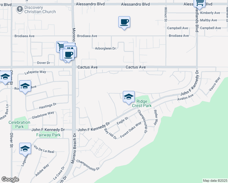 map of restaurants, bars, coffee shops, grocery stores, and more near 28250 Grandview Drive in Moreno Valley