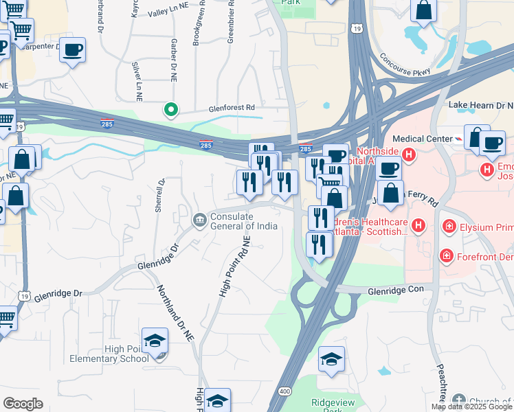 map of restaurants, bars, coffee shops, grocery stores, and more near 5607 Glenridge Drive in Atlanta