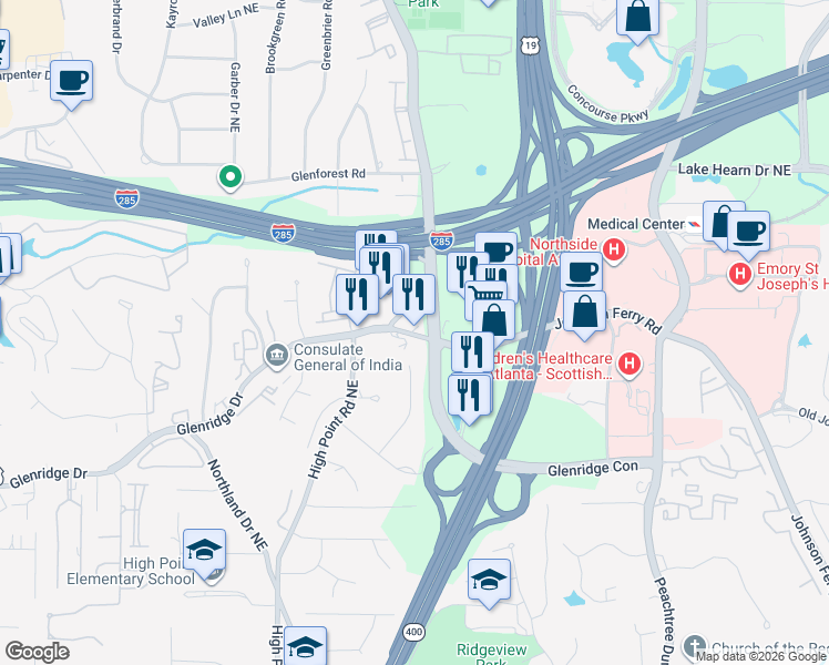 map of restaurants, bars, coffee shops, grocery stores, and more near 780 Johnson Ferry Road Northeast in Atlanta