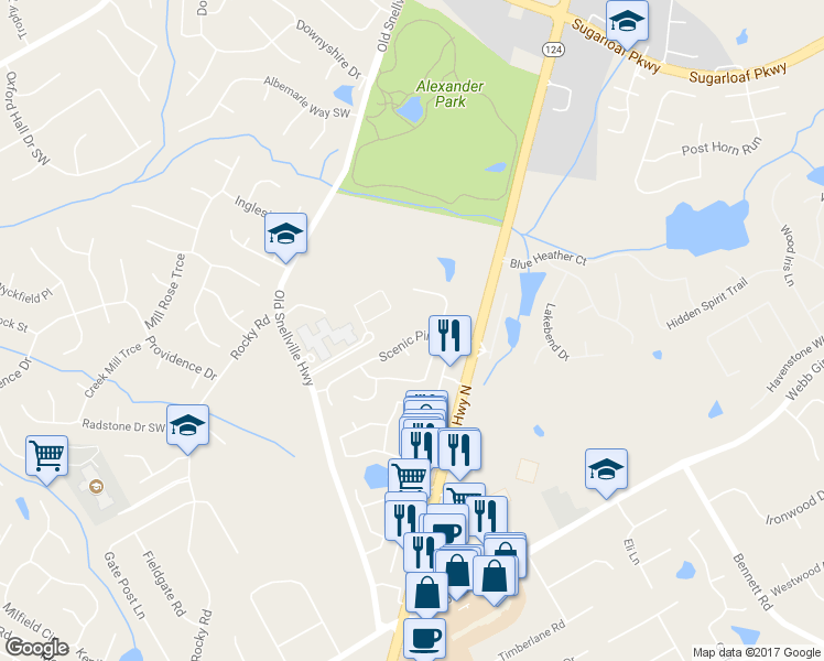 map of restaurants, bars, coffee shops, grocery stores, and more near 1381 Scenic Pines Drive in Lawrenceville