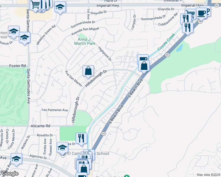 map of restaurants, bars, coffee shops, grocery stores, and more near 16303 Driftwood Court in La Mirada