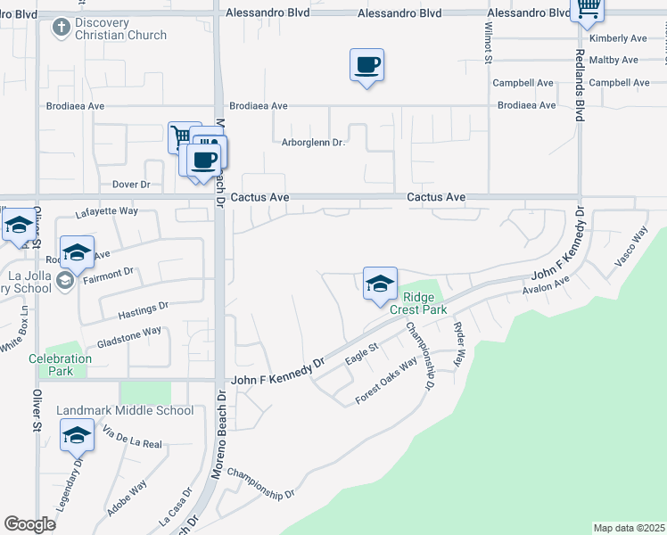 map of restaurants, bars, coffee shops, grocery stores, and more near 28250 Grandview Drive in Moreno Valley