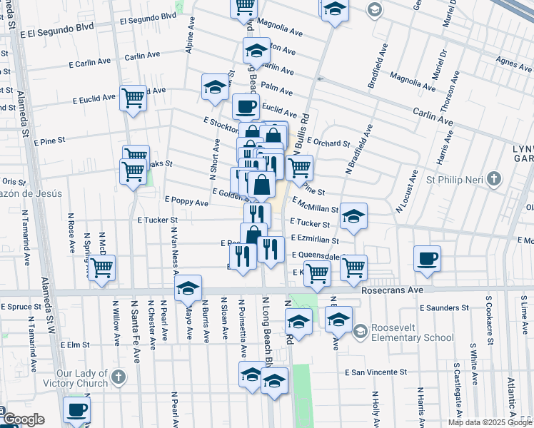 map of restaurants, bars, coffee shops, grocery stores, and more near 1725 North Long Beach Boulevard in Compton