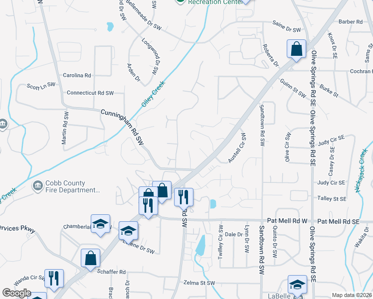 map of restaurants, bars, coffee shops, grocery stores, and more near 1890 Norman Drive Southwest in Marietta