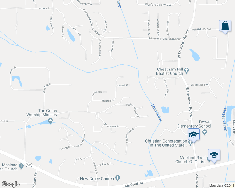 map of restaurants, bars, coffee shops, grocery stores, and more near 1819 Hannah Place in Powder Springs