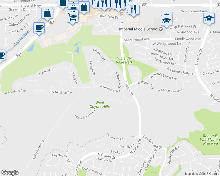 map of restaurants, bars, coffee shops, grocery stores, and more near 2101 South Sanders Court in La Habra