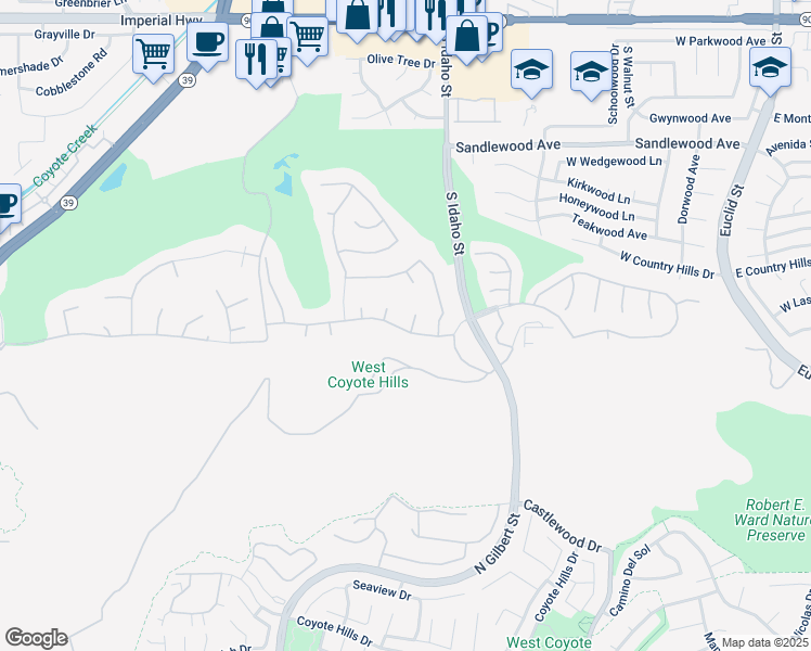 map of restaurants, bars, coffee shops, grocery stores, and more near 2101 South Sanders Court in La Habra