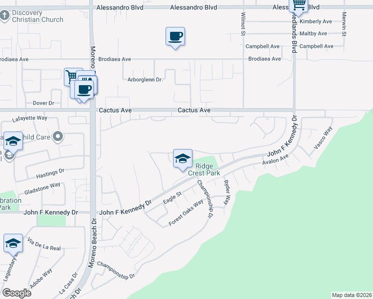 map of restaurants, bars, coffee shops, grocery stores, and more near 28390 Grandview Drive in Moreno Valley