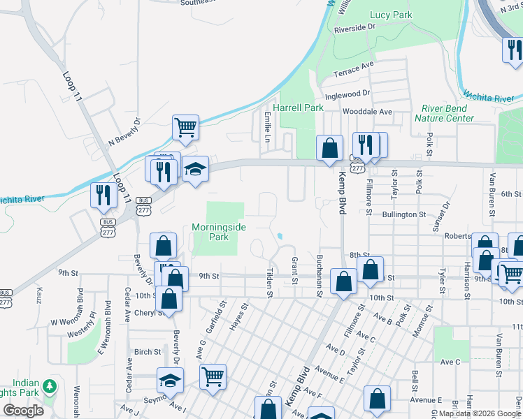 map of restaurants, bars, coffee shops, grocery stores, and more near 2904 Sturdevandt Place in Wichita Falls