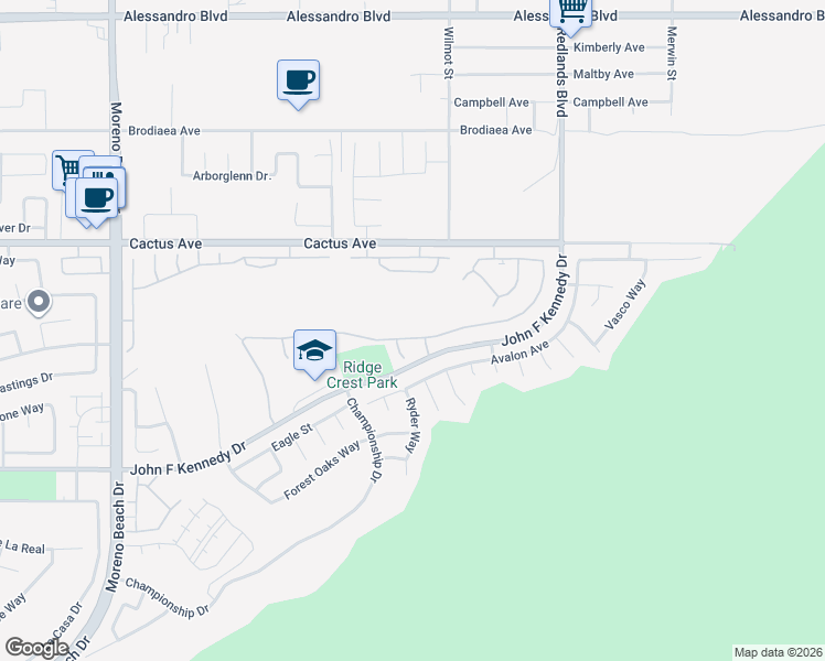 map of restaurants, bars, coffee shops, grocery stores, and more near in Moreno Valley