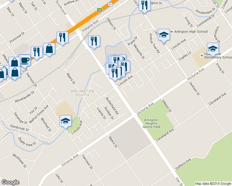map of restaurants, bars, coffee shops, grocery stores, and more near 9509 Hermitage Lane in Riverside