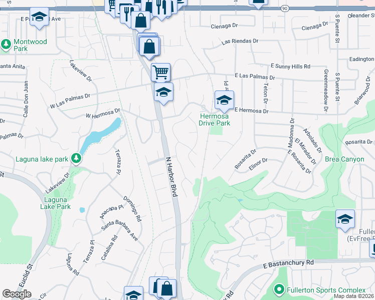 map of restaurants, bars, coffee shops, grocery stores, and more near 3171 Las Faldas Drive in Fullerton