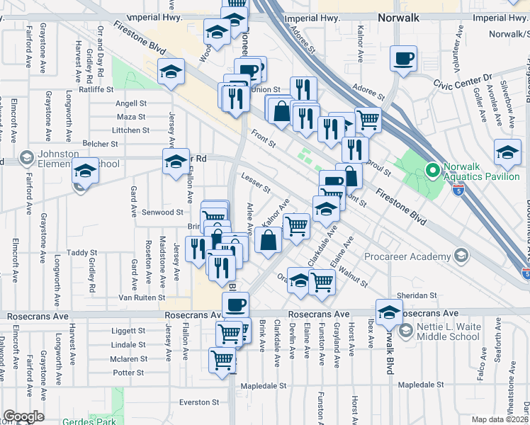 map of restaurants, bars, coffee shops, grocery stores, and more near 13639 Kalnor Avenue in Norwalk