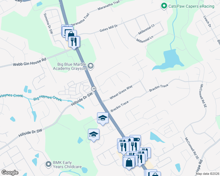 map of restaurants, bars, coffee shops, grocery stores, and more near 1670 Willow River Run in Grayson