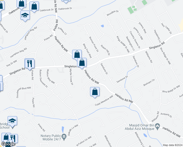map of restaurants, bars, coffee shops, grocery stores, and more near 956 6 Oaks Circle in Norcross