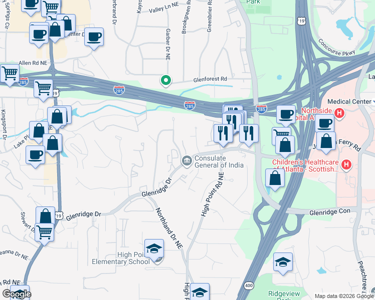 map of restaurants, bars, coffee shops, grocery stores, and more near 5584 Julian Place in Sandy Springs