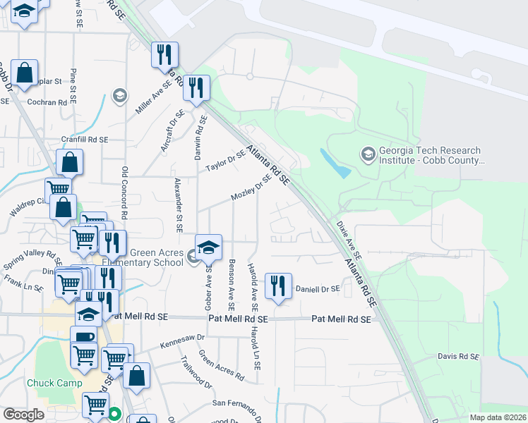 map of restaurants, bars, coffee shops, grocery stores, and more near 1865 Harold Avenue Southeast in Smyrna