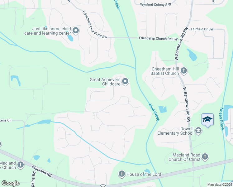 map of restaurants, bars, coffee shops, grocery stores, and more near 1819 Hannah Place in Powder Springs