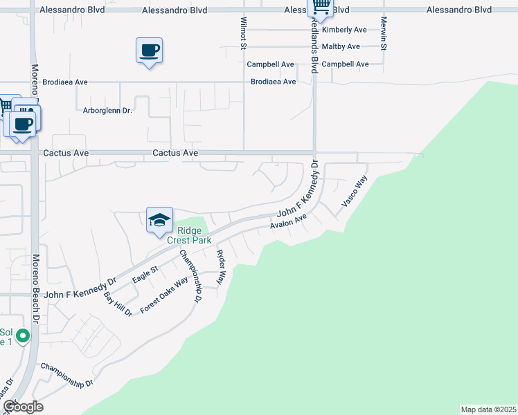 map of restaurants, bars, coffee shops, grocery stores, and more near 14716 Grandview Drive in Moreno Valley