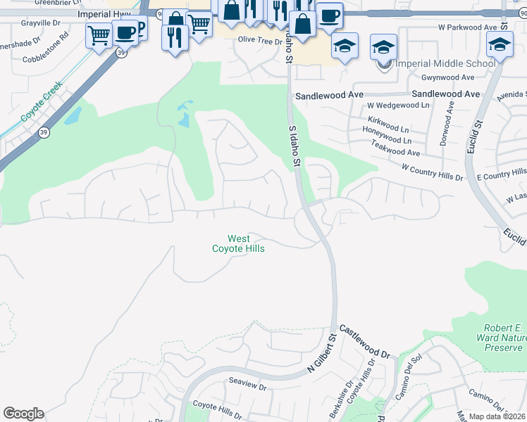 map of restaurants, bars, coffee shops, grocery stores, and more near 2101 South Sanders Court in La Habra