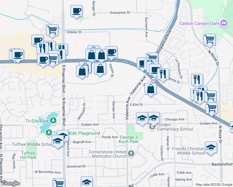 map of restaurants, bars, coffee shops, grocery stores, and more near 507 Shoshoni Avenue in Placentia