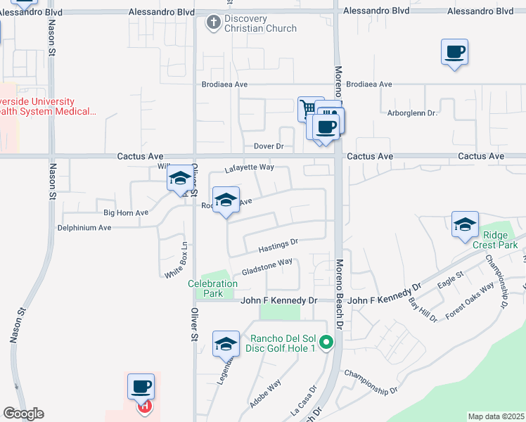 map of restaurants, bars, coffee shops, grocery stores, and more near 27748 Fairmont Drive in Moreno Valley