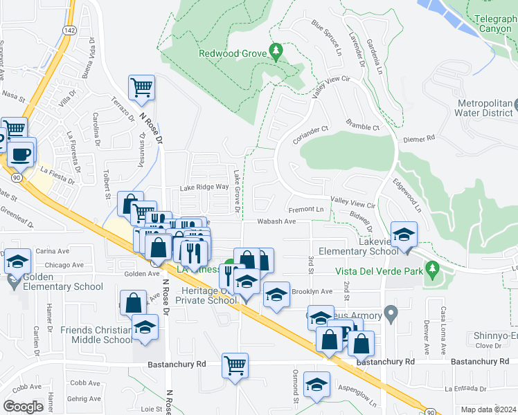 map of restaurants, bars, coffee shops, grocery stores, and more near 17069 Vista Mendoza in Yorba Linda