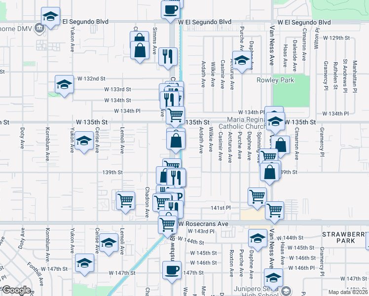 map of restaurants, bars, coffee shops, grocery stores, and more near 2931 137th Street in Gardena