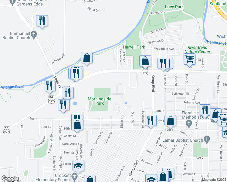 map of restaurants, bars, coffee shops, grocery stores, and more near 135 Pembroke Lane in Wichita Falls