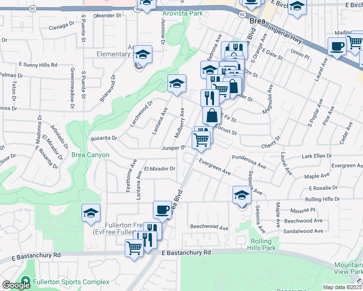 map of restaurants, bars, coffee shops, grocery stores, and more near 205 Juniper Street in Brea