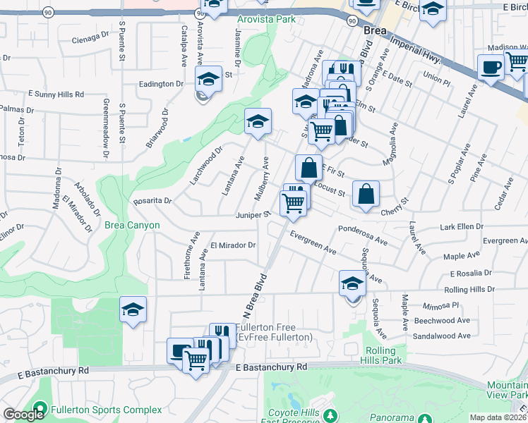 map of restaurants, bars, coffee shops, grocery stores, and more near 205 Juniper Street in Brea