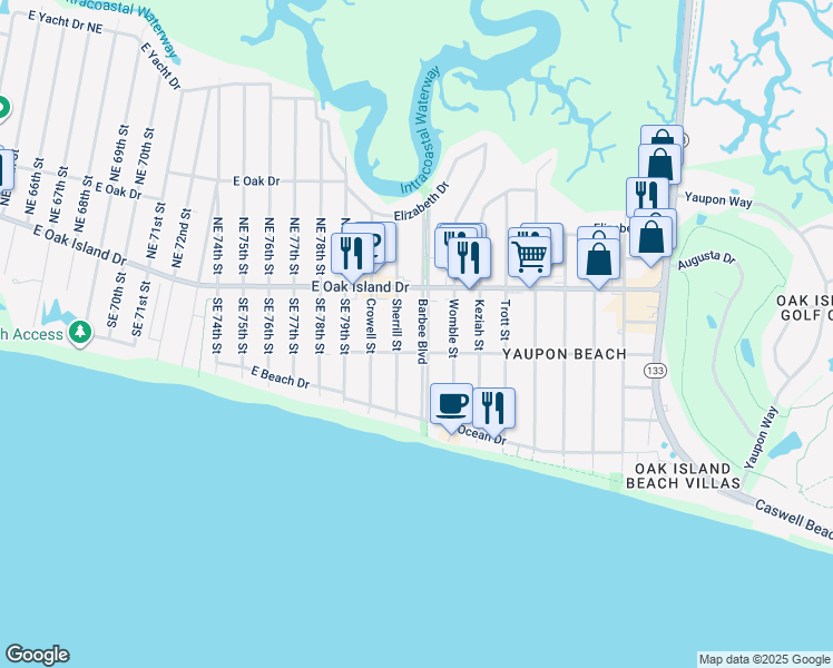 map of restaurants, bars, coffee shops, grocery stores, and more near 305 Barbee Boulevard in Oak Island