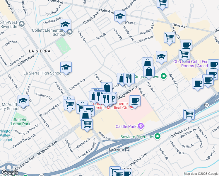 map of restaurants, bars, coffee shops, grocery stores, and more near 10833 Mercer Avenue in Riverside