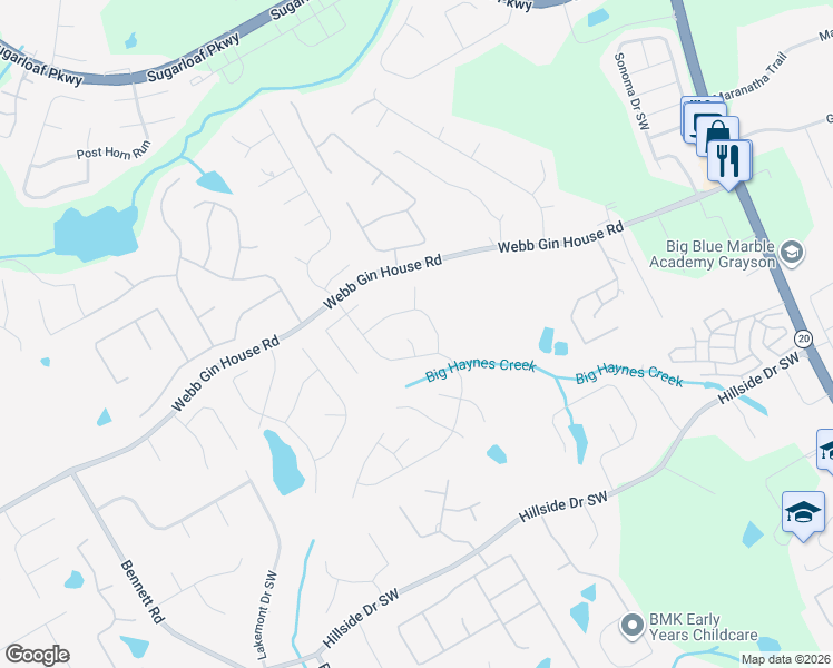 map of restaurants, bars, coffee shops, grocery stores, and more near 1374 Great Oaks Court in Lawrenceville