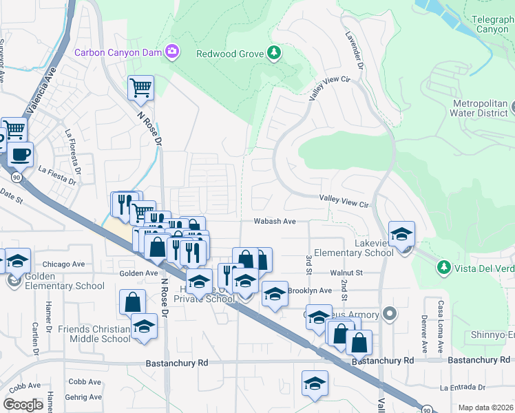 map of restaurants, bars, coffee shops, grocery stores, and more near 17069 Vista Mendoza in Yorba Linda