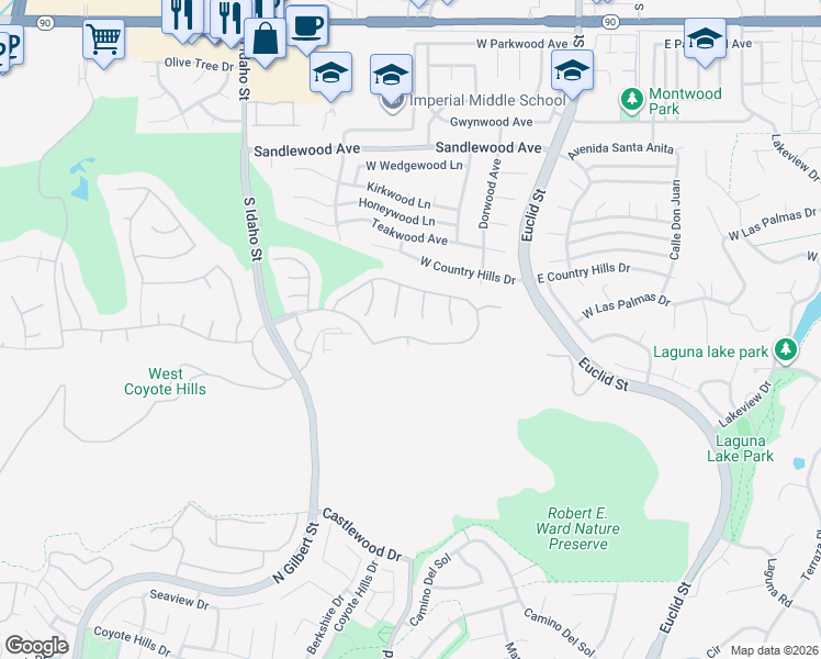 map of restaurants, bars, coffee shops, grocery stores, and more near 581 West Saint Andrews Avenue in La Habra