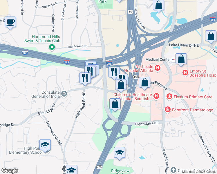 map of restaurants, bars, coffee shops, grocery stores, and more near 800 Johnson Ferry Road in Sandy Springs