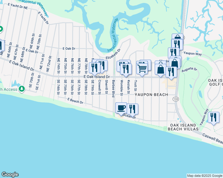 map of restaurants, bars, coffee shops, grocery stores, and more near 305 Barbee Boulevard in Oak Island