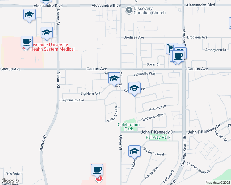 map of restaurants, bars, coffee shops, grocery stores, and more near 27467 Delphinium Avenue in Moreno Valley