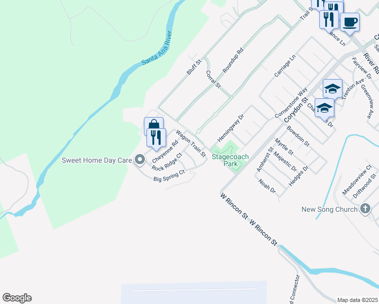 map of restaurants, bars, coffee shops, grocery stores, and more near 2259 Lone Tree Street in Corona