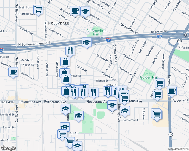 map of restaurants, bars, coffee shops, grocery stores, and more near 8223 Howe Street in Paramount