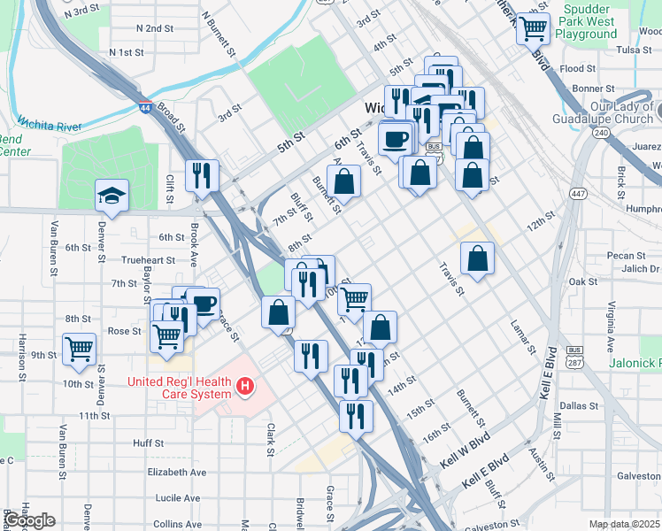 map of restaurants, bars, coffee shops, grocery stores, and more near 900 Bluff Street in Wichita Falls