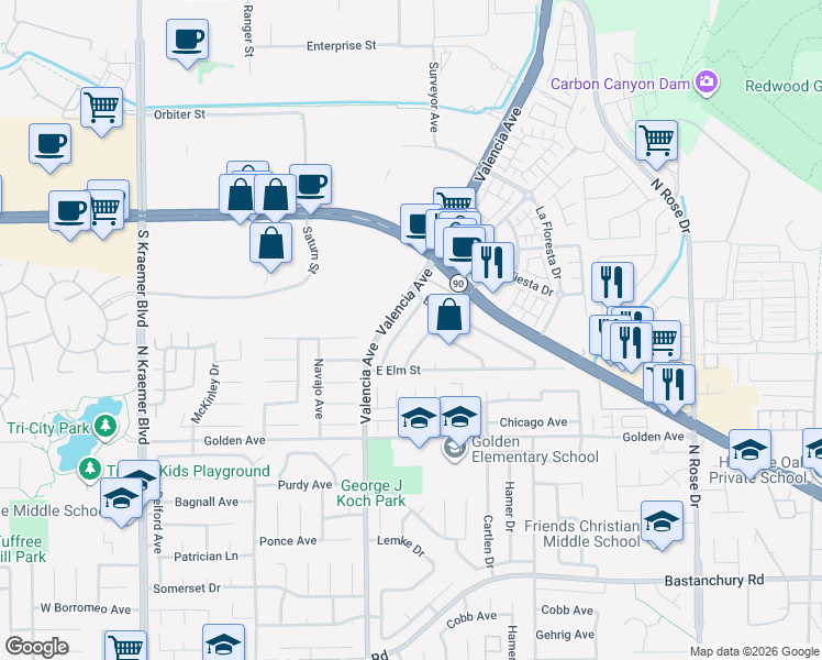 map of restaurants, bars, coffee shops, grocery stores, and more near 634 South Oakhaven Avenue in Brea