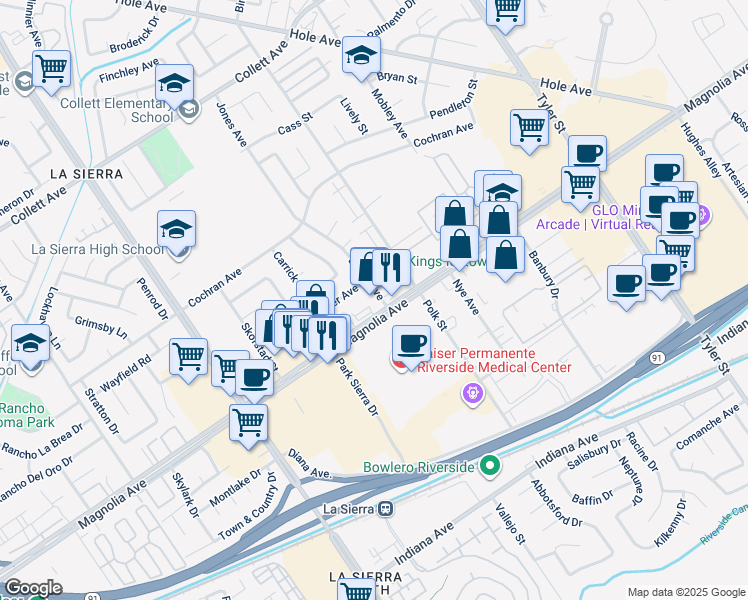 map of restaurants, bars, coffee shops, grocery stores, and more near 10759 Magnolia Avenue in Riverside