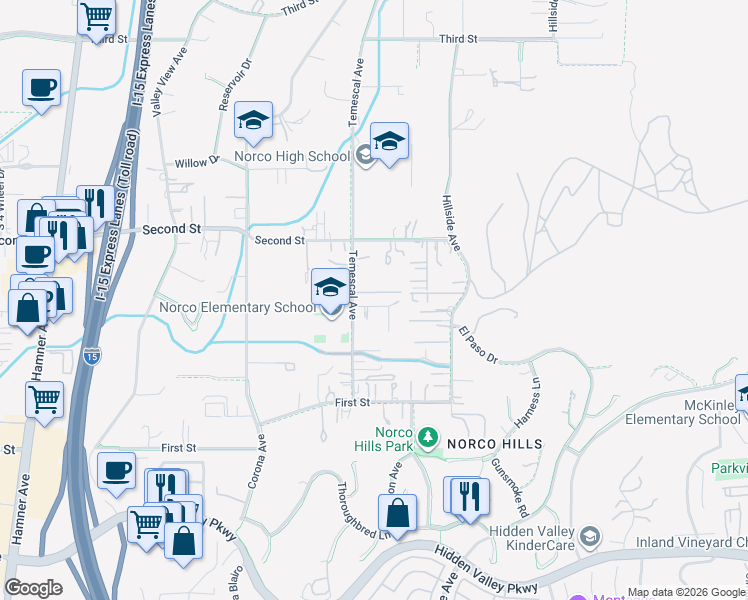 map of restaurants, bars, coffee shops, grocery stores, and more near 1071 Raquel Road in Norco